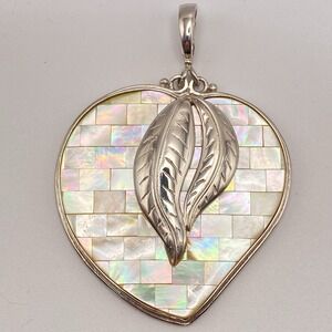 Sajen 925 Sterling Silver Heart Pendant Vintage Boho Statement MOP Mosaic